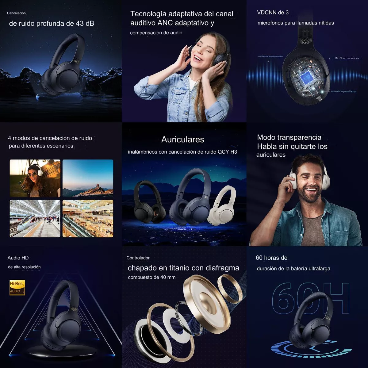 Audífonos Inalámbricos Qcy H3 Cancelación Activa De Ruido 70 Horas